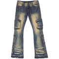 Wangsheng Custom Wholesale Multi-Pocket Flare Cargo Pants Streetwear Practical Denim 6-Pocket Mid Rise Hole Washed Men's Pants