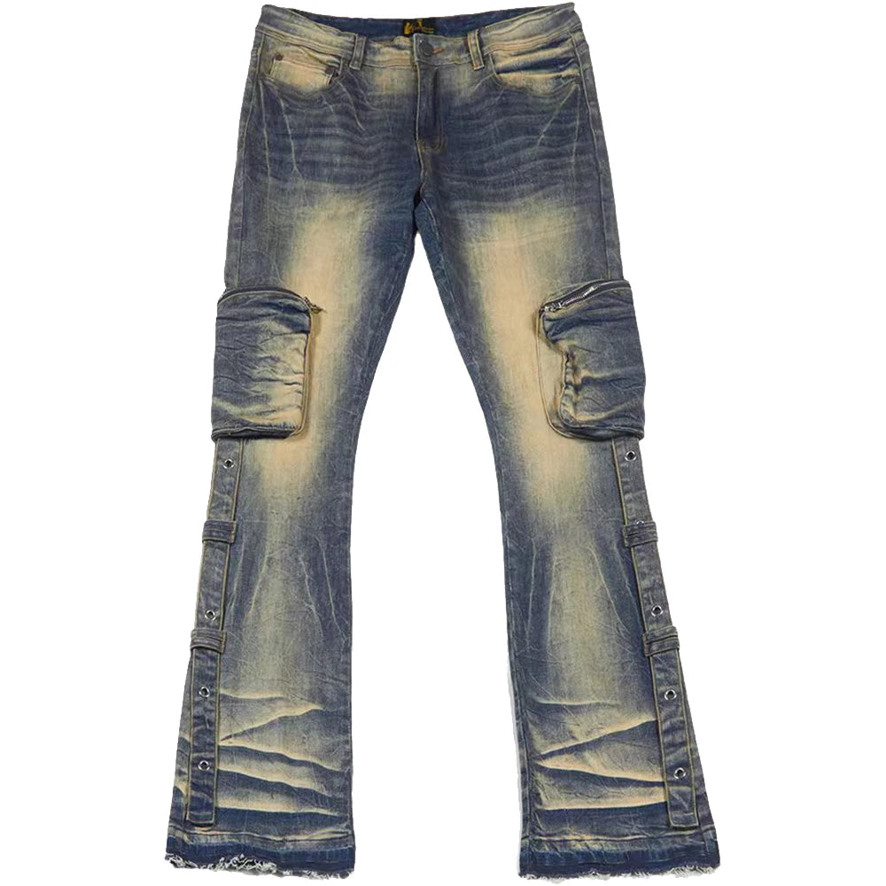 Wangsheng Custom Wholesale Multi-Pocket Flare Cargo Pants Streetwear Practical Denim 6-Pocket Mid Rise Hole Washed Men's Pants