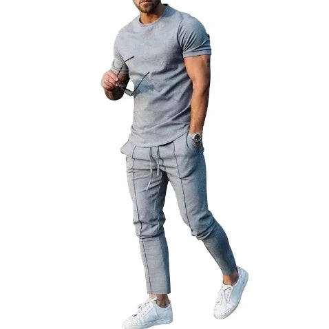 Sports Suit Men's Solid Color Casual Round Neck Short Sleeved Sports T-shirt+pocket Pants Two-piece Set Streetwear - Free Item Weekend (50% off).