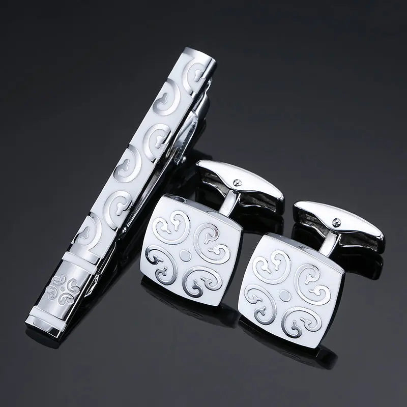 High Quality Cuff links necktie clip for tie pin for men's gift Classic pattern tie bars cufflinks tie clip set Men Jewelry