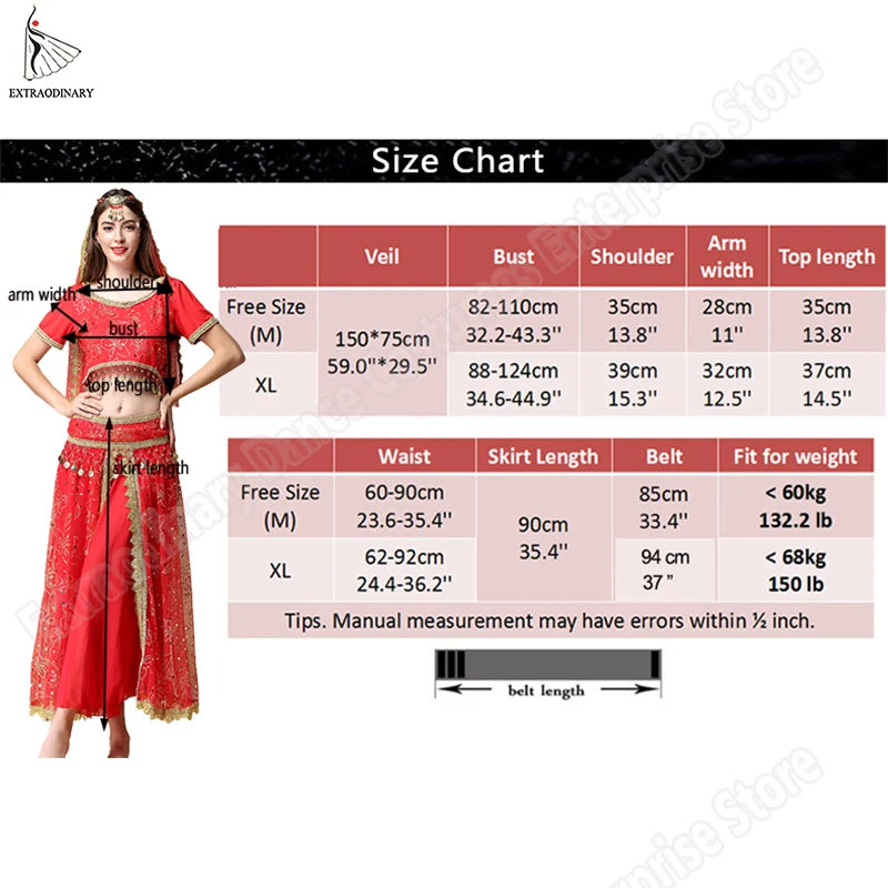 Sari For Women Indian Clothes Sari Bollywood Dress Belly Dance Costume Suit Women Chiffon 5pcs (Headpieces Veil Top Belt Skirt)
