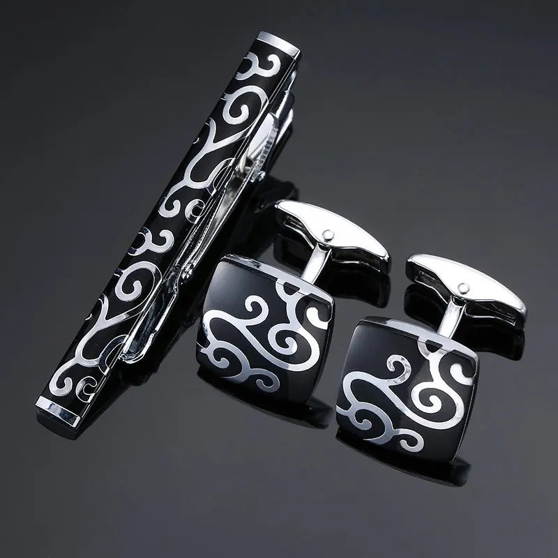 High Quality Cuff links necktie clip for tie pin for men's gift Classic pattern tie bars cufflinks tie clip set Men Jewelry