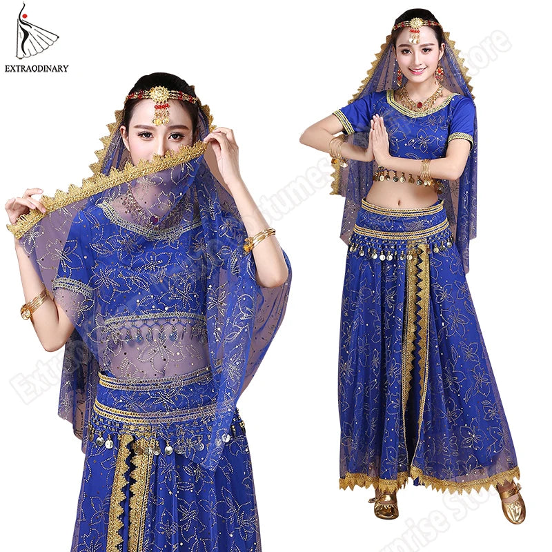 Sari For Women Indian Clothes Sari Bollywood Dress Belly Dance Costume Suit Women Chiffon 5pcs (Headpieces Veil Top Belt Skirt)