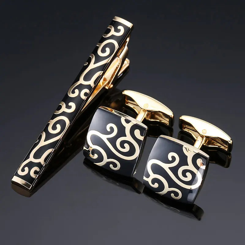 High Quality Cuff links necktie clip for tie pin for men's gift Classic pattern tie bars cufflinks tie clip set Men Jewelry