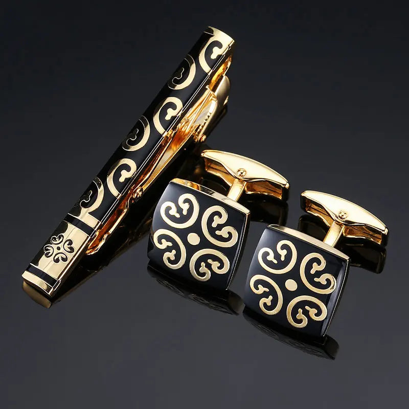 High Quality Cuff links necktie clip for tie pin for men's gift Classic pattern tie bars cufflinks tie clip set Men Jewelry