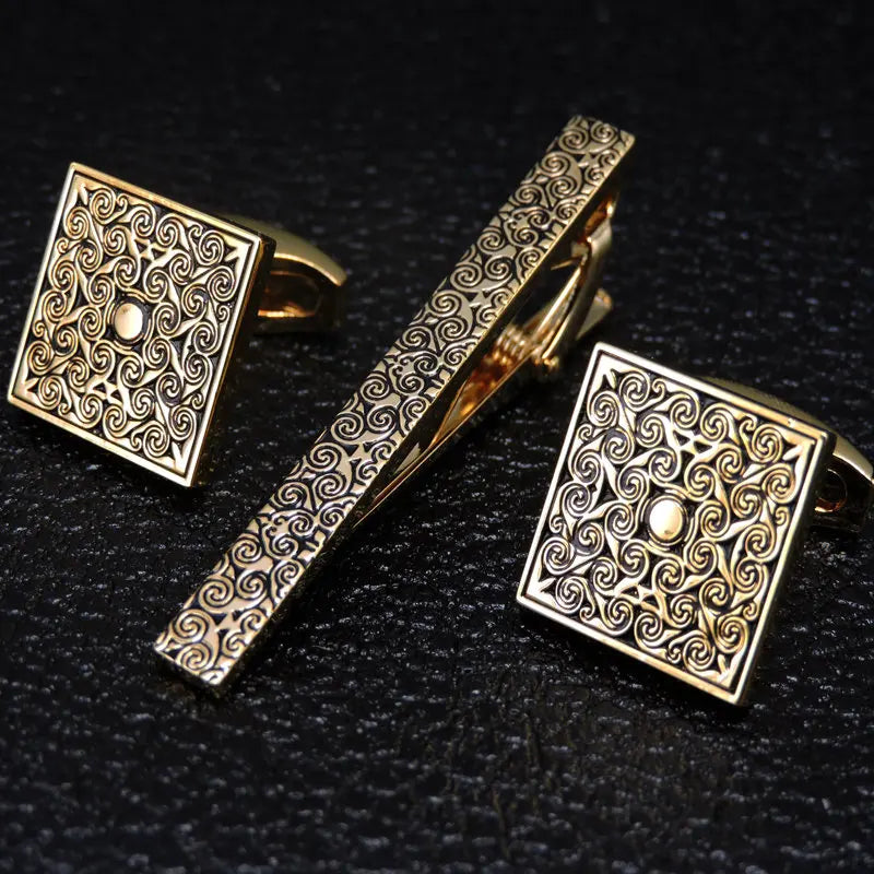 High Quality Cuff links necktie clip for tie pin for men's gift Classic pattern tie bars cufflinks tie clip set Men Jewelry