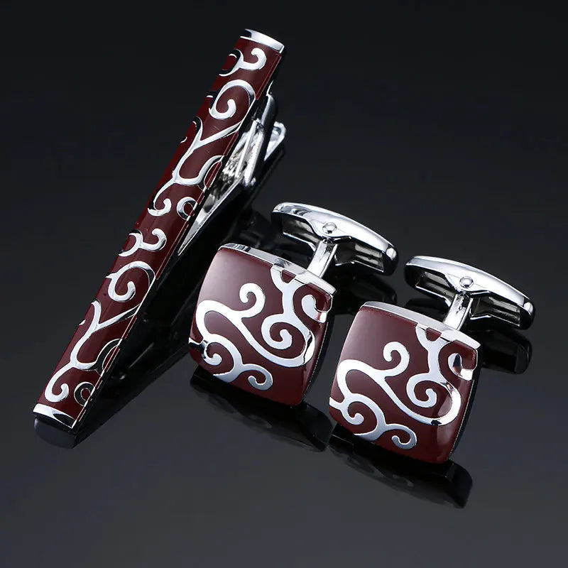 High Quality Cuff links necktie clip for tie pin for men's gift Classic pattern tie bars cufflinks tie clip set Men Jewelry