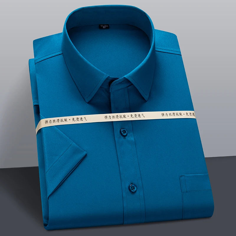 Men's Summer Short Sleeve Stretch Striped Dress Shirts Standard-fit Formal Business Wrinkle Resistant Thin Classic Basic Shirt