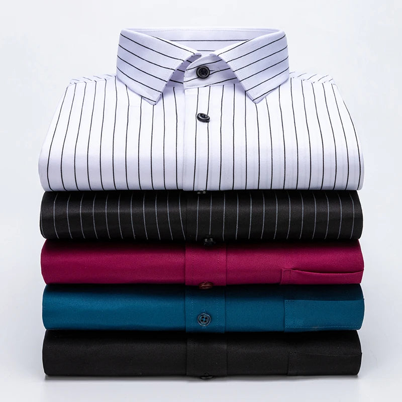Men's Summer Short Sleeve Stretch Striped Dress Shirts Standard-fit Formal Business Wrinkle Resistant Thin Classic Basic Shirt