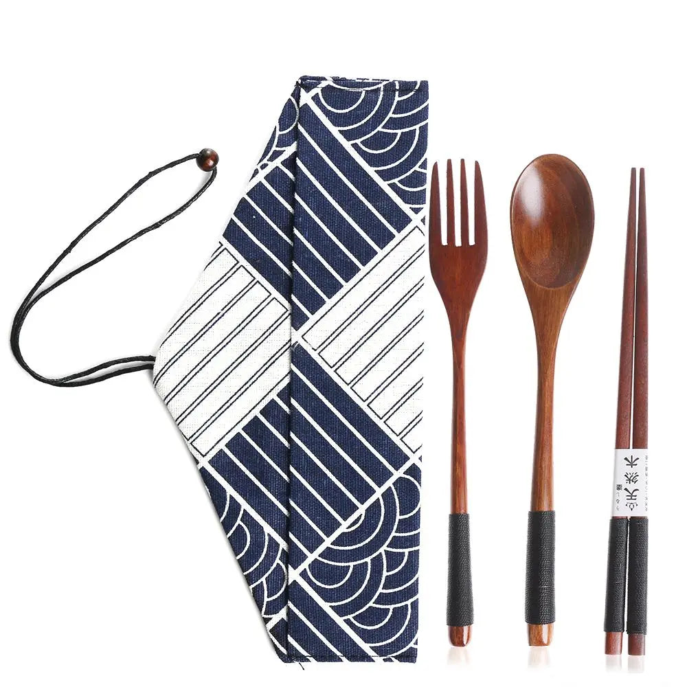 Kitchen Cutlery Set Portable Spoon Fork Chopsticks Natural Cloth Bag Wooden