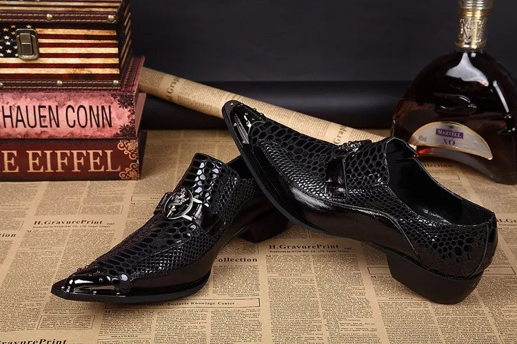 Men's Formal Leather Flats for Weddings Proms Black Metal Pointed Toe Slip-On Closure Height Increasing Party Dress Shoes