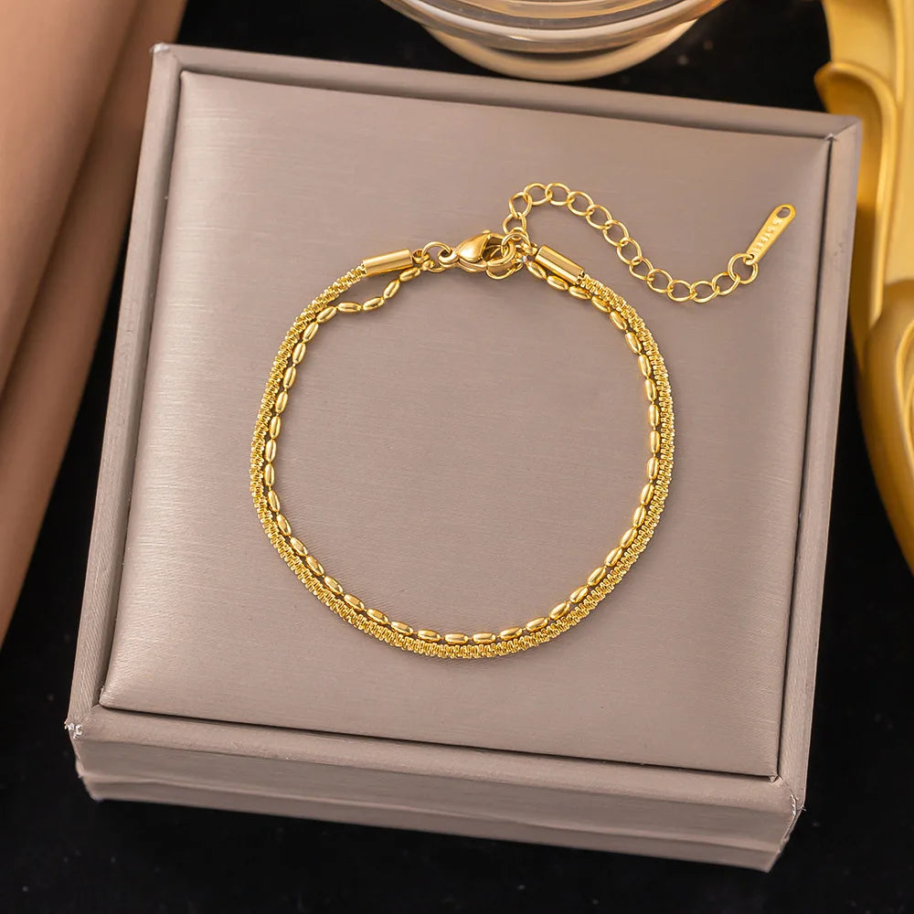 Cross Border New Double Layered Bracelet Delicate Rice Beaded Bracelet Accessories Versatile High End Jewelry for Women 18k Gold