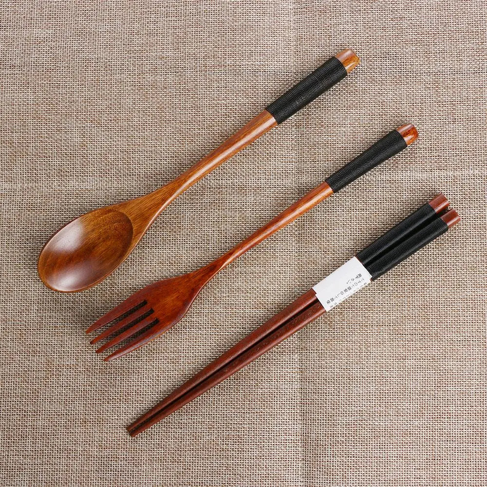 Kitchen Cutlery Set Portable Spoon Fork Chopsticks Natural Cloth Bag Wooden