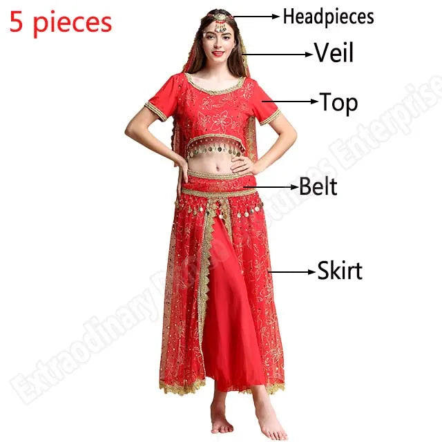 Sari For Women Indian Clothes Sari Bollywood Dress Belly Dance Costume Suit Women Chiffon 5pcs (Headpieces Veil Top Belt Skirt)
