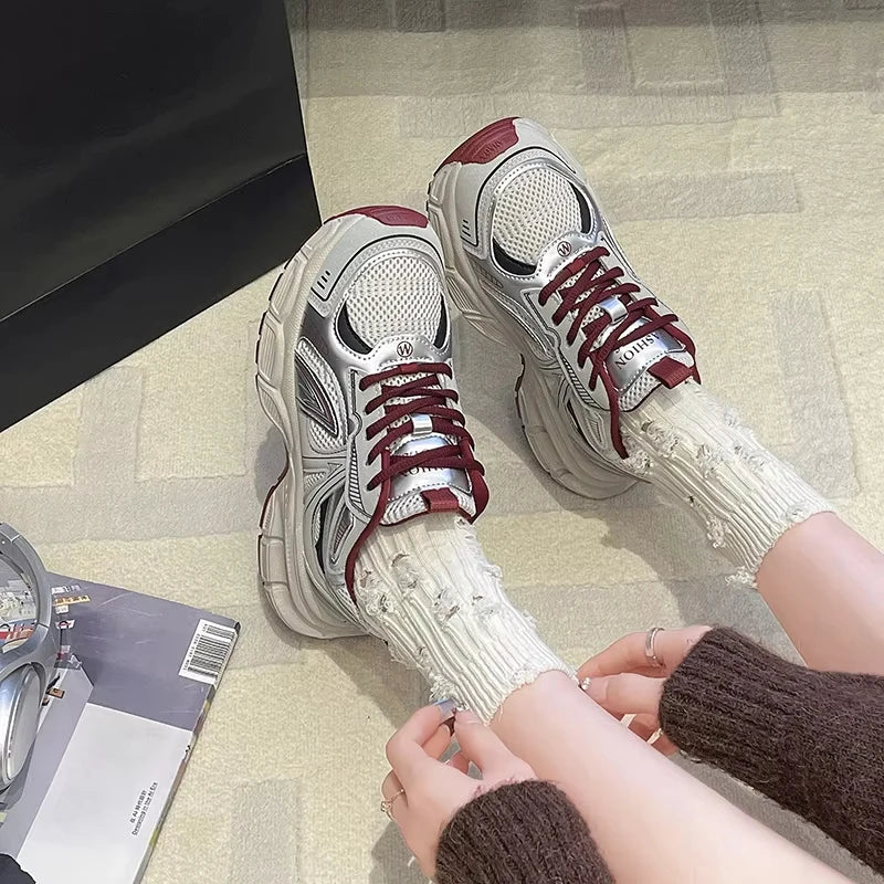 Fashion Women's Lace-Up Lightweight Mesh Platform Sneakers Breathable Casual Walking Style Shoes Autumn Anti-Slip Solid Design