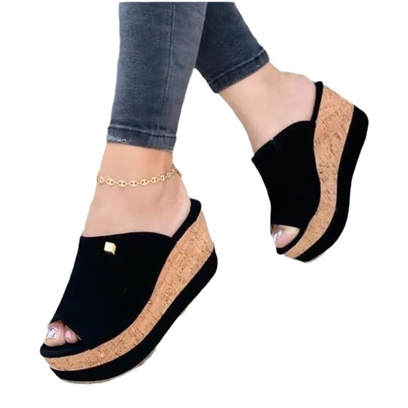 QLFashion Summer European and American Slope Heel Fish Mouth Slippers Womens Thick Bottom-word Waterproof 43 Plus Size Cool Wome
