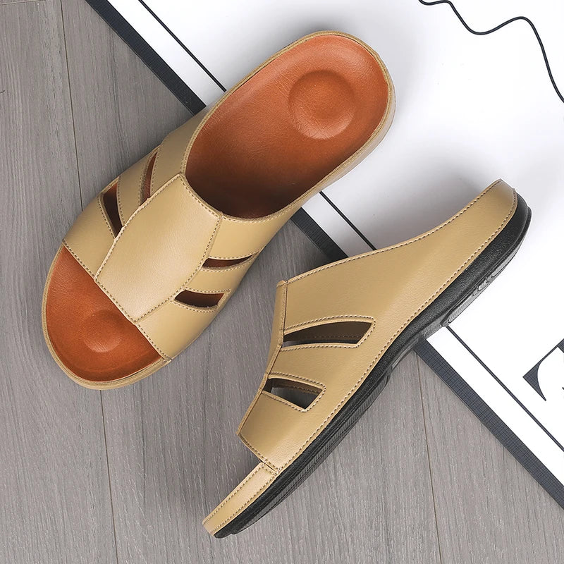New Models High Quality Dubai Men slippers Leather Slip-on Real Cow Slide Sandals Big Size 46 Hot Sale Small Quantity Brand