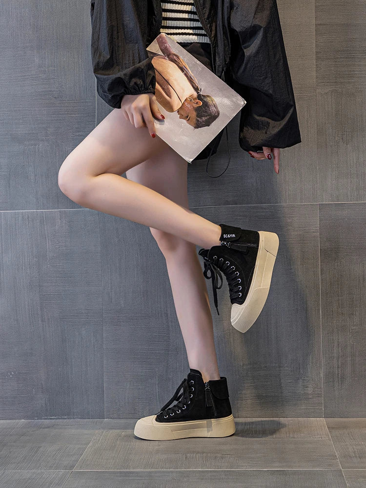 spot Autumn New Creative Lace-up Casual High-Top Sneakers Women Thick-Soled Breathable Lightweight Height Increasing Versatile