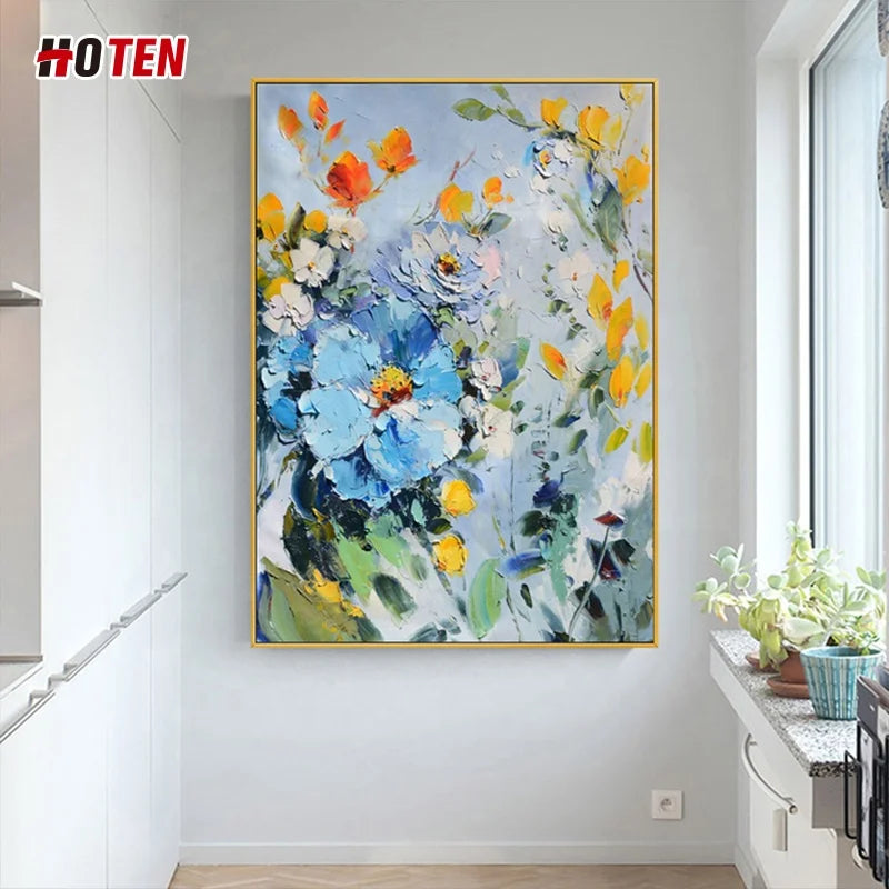 Simple Modern Blue Flower Abstract Oil Painting Hand-Painted Canvas Decorative Painting for Restaurant or Bedroom