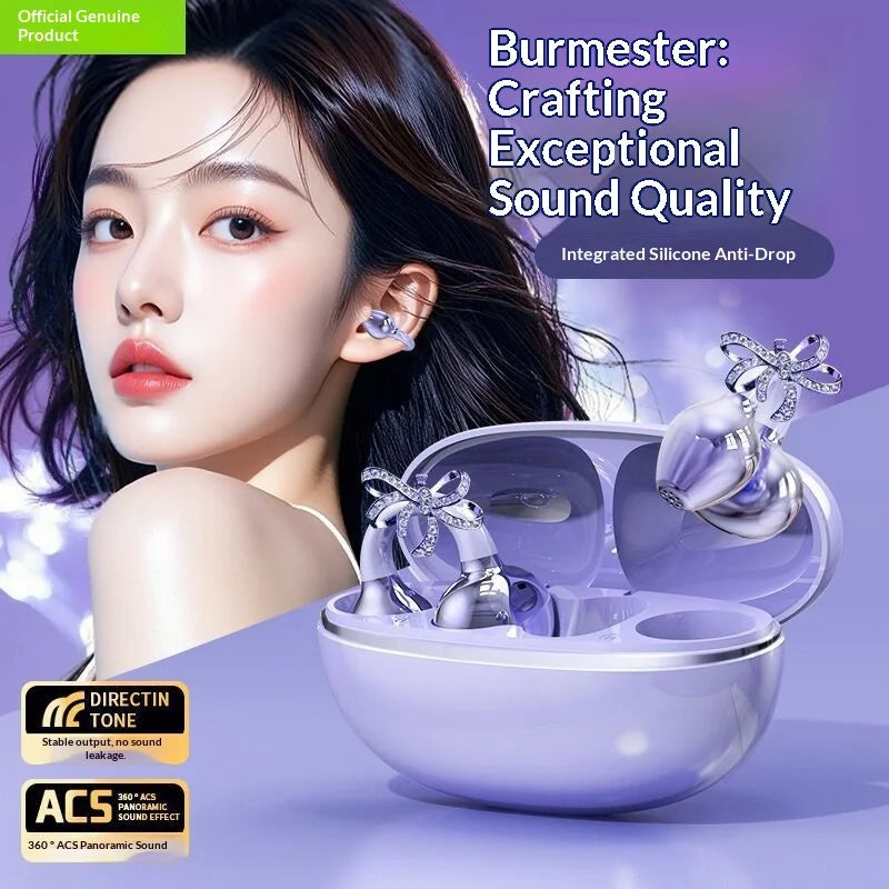 CClip-on Earbuds Wireless Bluetooth Open Ear Headphones with Detachable Crystal Bowknot Earrings, For Sports, Fitness & Workouts - Free Items Weekend.