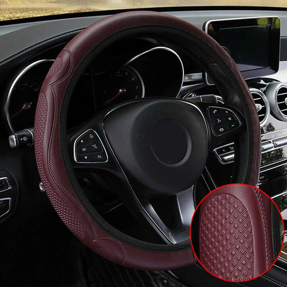 38cm Wine Red Car Steering Wheel Cover Soft Leather Breathable Anti-slip Cover Universal Soft Fibe Leather Steering Accessories