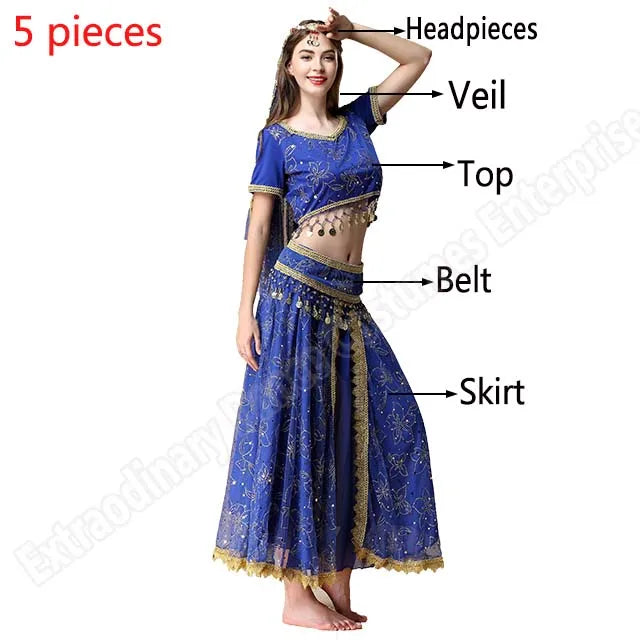 Sari For Women Indian Clothes Sari Bollywood Dress Belly Dance Costume Suit Women Chiffon 5pcs (Headpieces Veil Top Belt Skirt)