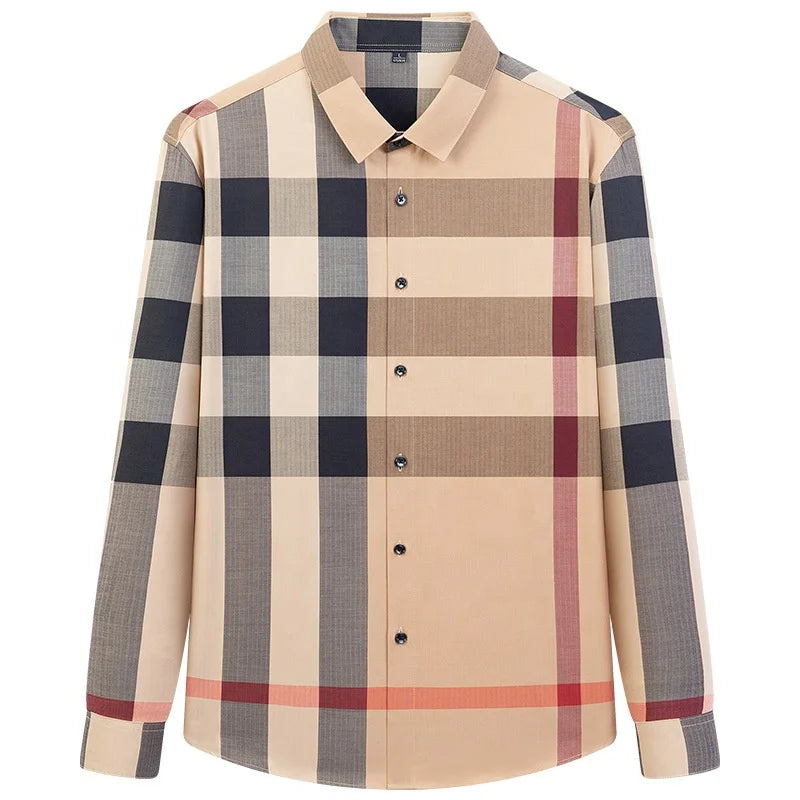 Men's High-End Fashion Long Sleeve Plaid Shirt Casual Non-Iron Striped Design Anti-Pilling Feature for Autumn Season