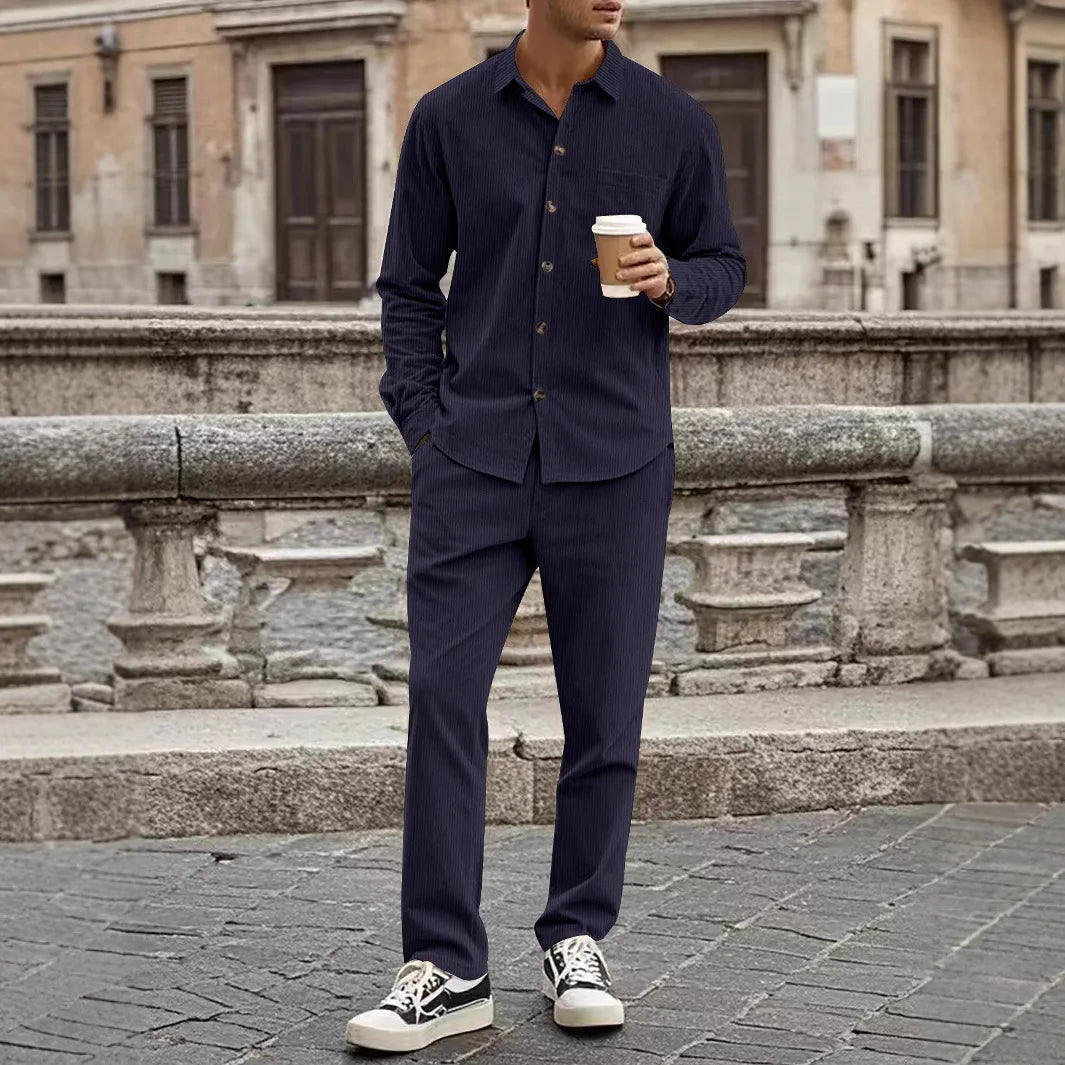 Fashion Men's 2-Piece Suit Casual Button Down Cardigan Long Sleeve and Long Pants Spring Autumn Suit