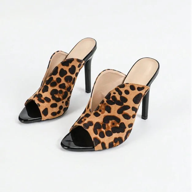 Round-Toe PU Leather Leopard Print High Heel Sandals Sexy Open Slip-On High Top for Summer Outdoors Black High Heels