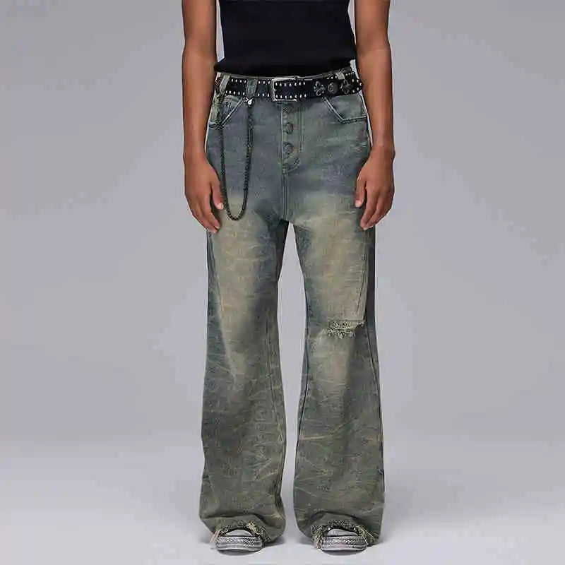 Vintage Retro High Street Style Ripped Fringe Jeans for Men, High-quality Men's Trousers, Factory-made Wide-leg Pants for Men