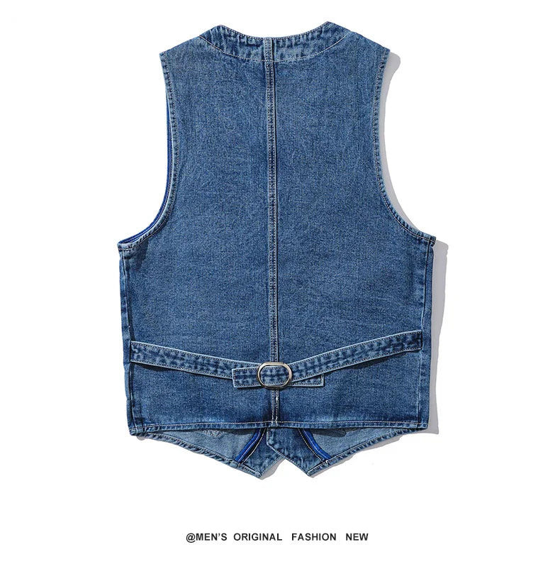 Denim Vest Men's Jacket Spring Autumn Jeans Jacket V-neck Design Korean Vest Loose Casual Fashion All-match Style Male Clothing