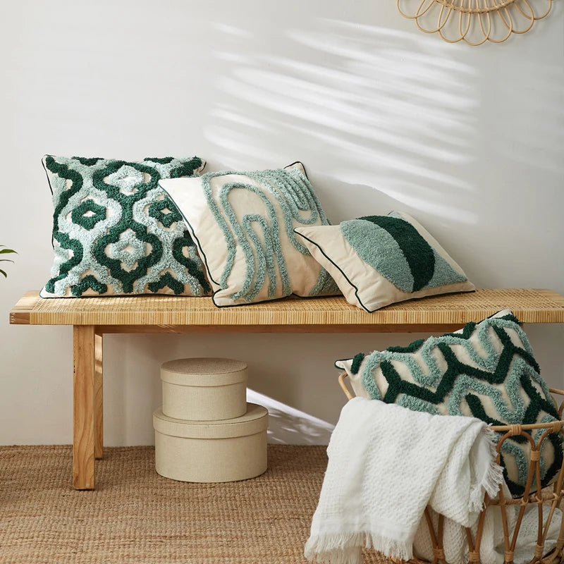 Lake Green Handmade Geometric Embroidery Cushion Case Tassels Home Decor Pillow Case 45x45cm PillowCase Pillow Sham