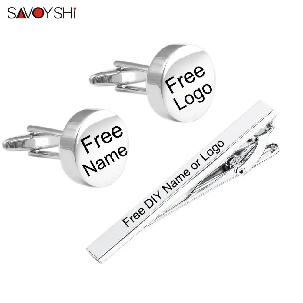 SAVOYSHI Free Engraving Name Cufflinks Tie Clip Set For Mens Special Gift High Quality Silver Color Cuff links Tie Bone Pin Bars