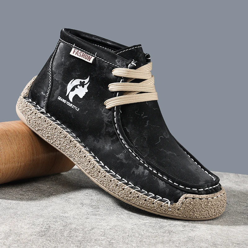 Factory Supply Accept OEM Service Handmade Stitched Microfiber Leather Comfortable Slip-On Middle Top Men Casual Sneaker Boots
