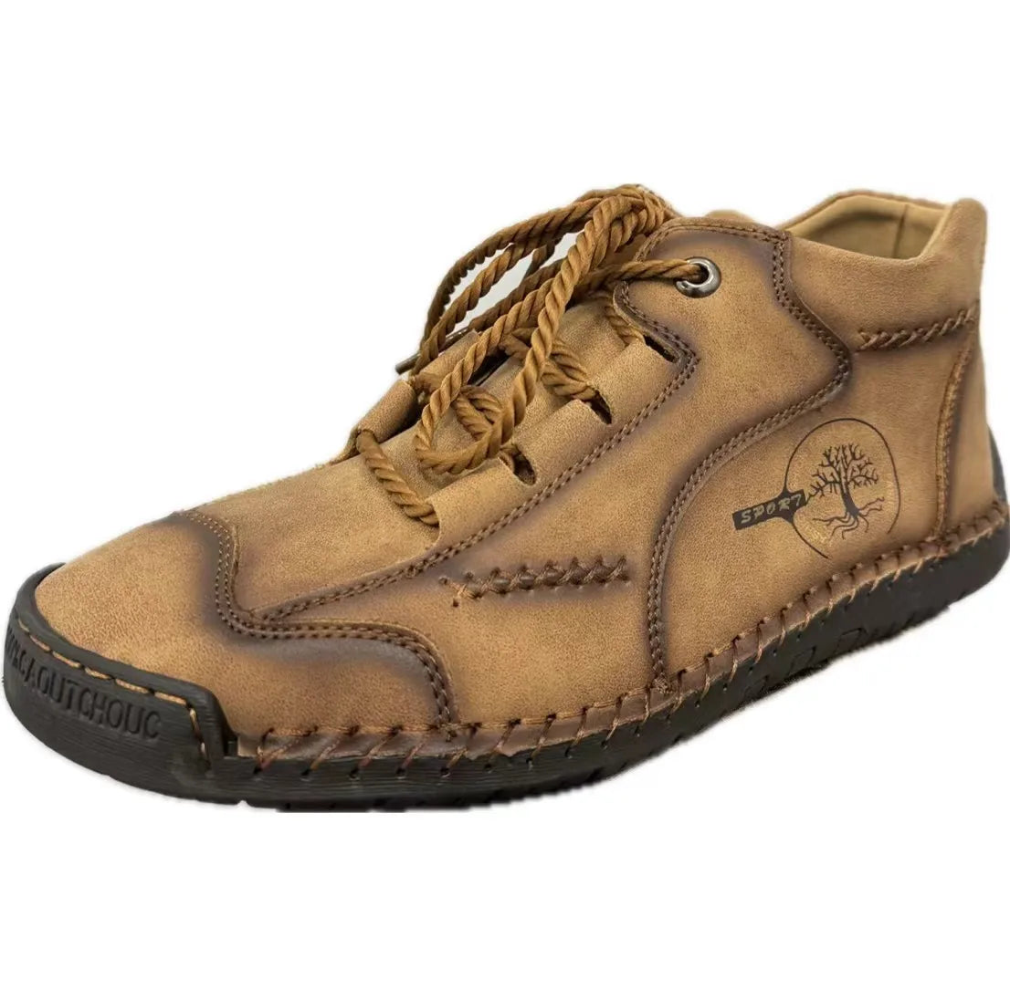 Men's Retro Lace-up Short High Top Boots Autumn Leather Flat Bottom Casual Shoes Plus Size Board Shoes