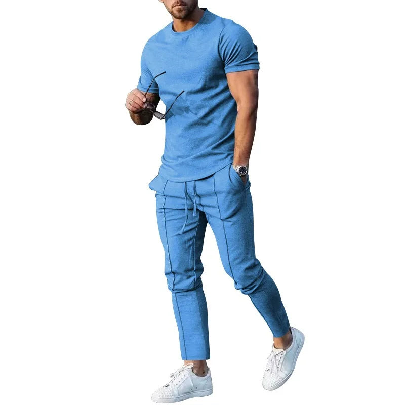 Sports Suit Men's Solid Color Casual Round Neck Short Sleeved Sports T-shirt+pocket Pants Two-piece Set Streetwear - Free Item Weekend (50% off).