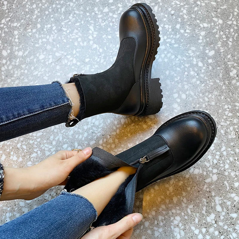 MEZEREON Snow Boots Cow Leather Women Winter Shoes Warm Plush Inside Snow Boots With Zippers 4.5 CM Med Heel Outdoor Botas Mujer