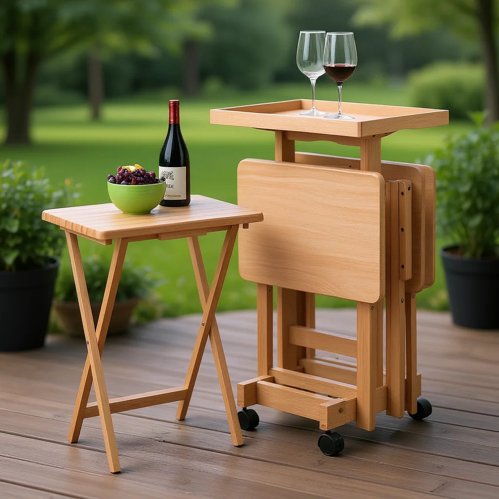 Naturel Outdoor Folding Snack Table Set Solid Wood Patio Furniture Minimalist Design Modern Style 6-Pc Set