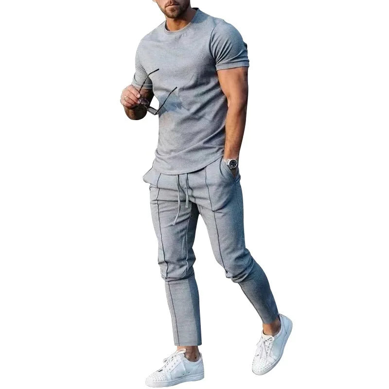 Sports Suit Men's Solid Color Casual Round Neck Short Sleeved Sports T-shirt+pocket Pants Two-piece Set Streetwear - Free Item Weekend (50% off).