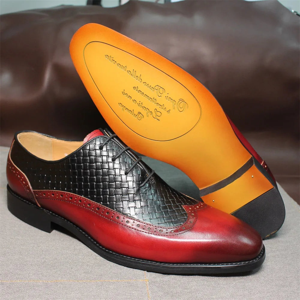 Men's Classic Oxford Leather Shoes Red Black Woven Pattern Embossed Business Dress Shoes Lace-Up Closure PVC Insole Cross-Border