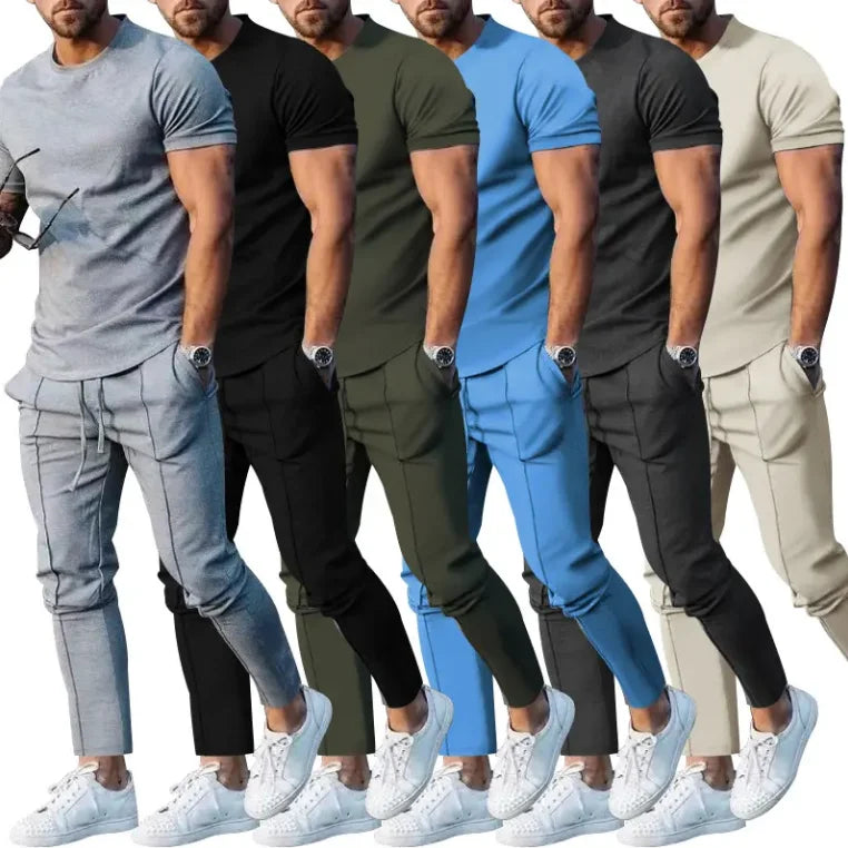 Sports Suit Men's Solid Color Casual Round Neck Short Sleeved Sports T-shirt+pocket Pants Two-piece Set Streetwear - Free Item Weekend (50% off).