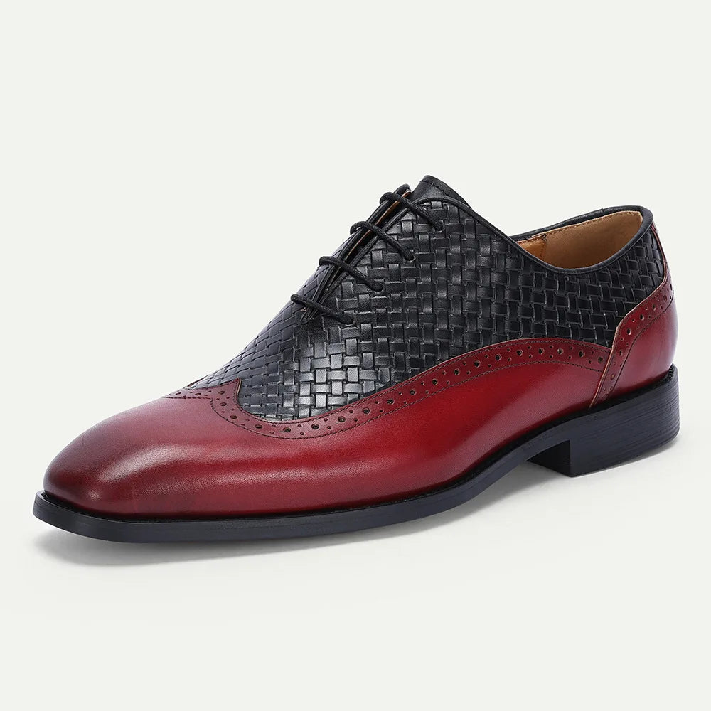 Men's Classic Oxford Leather Shoes Red Black Woven Pattern Embossed Business Dress Shoes Lace-Up Closure PVC Insole Cross-Border