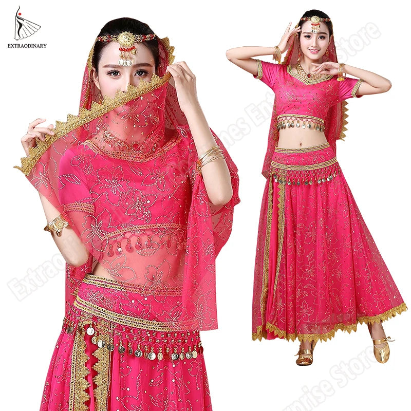 Sari For Women Indian Clothes Sari Bollywood Dress Belly Dance Costume Suit Women Chiffon 5pcs (Headpieces Veil Top Belt Skirt)