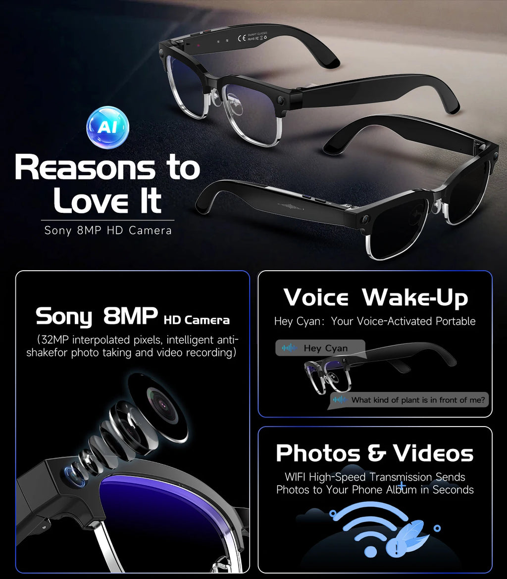 Fashion W630 Smart Glasses with Camera 800W WIFI Transfer Long Battery Life Outdoor Friendly AI Smart Glasses for Men and Women