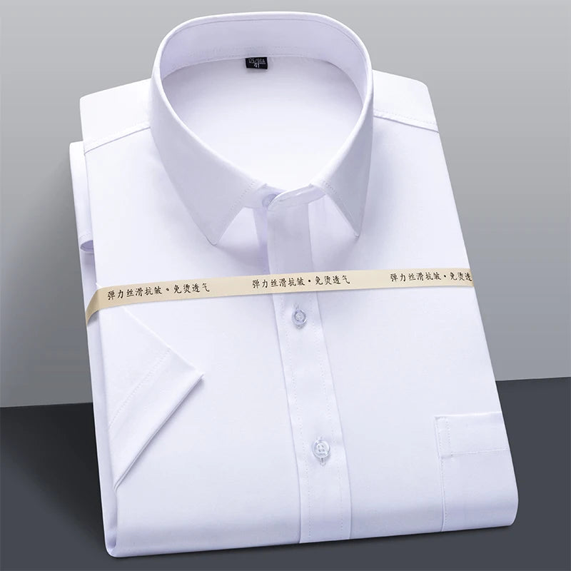 Men's Summer Short Sleeve Stretch Striped Dress Shirts Standard-fit Formal Business Wrinkle Resistant Thin Classic Basic Shirt