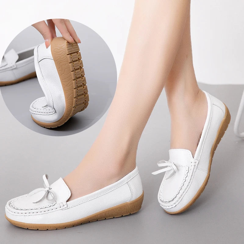 High Quality Women's Genuine Leather Lace-Up Loafers Floral Pattern Bow Large Size New Arrival Light Flat Summer Anti-Slippery