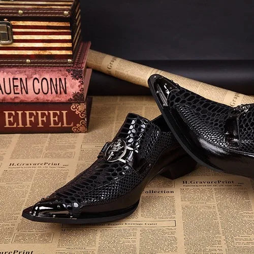Men's Formal Leather Flats for Weddings Proms Black Metal Pointed Toe Slip-On Closure Height Increasing Party Dress Shoes
