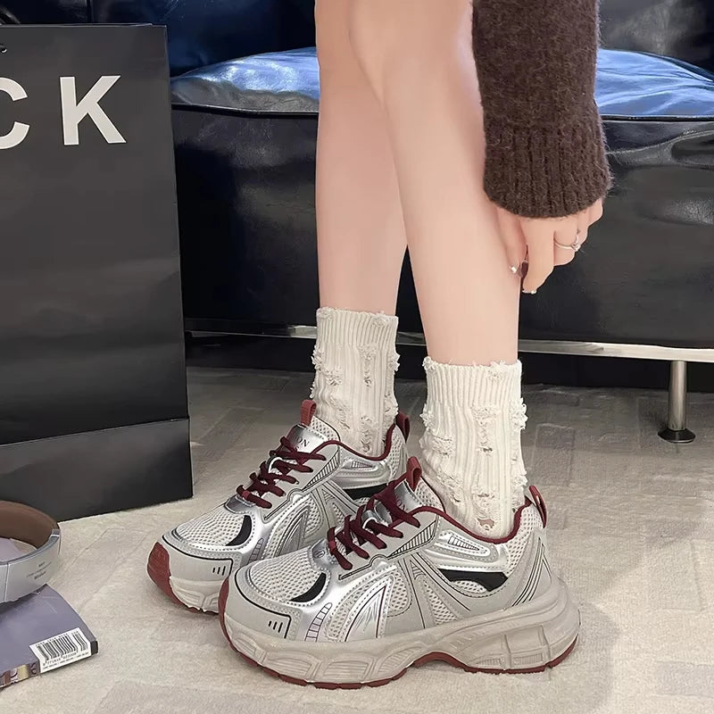Fashion Women's Lace-Up Lightweight Mesh Platform Sneakers Breathable Casual Walking Style Shoes Autumn Anti-Slip Solid Design