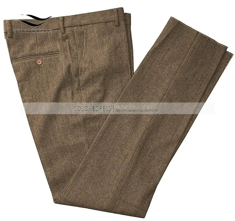 Classic mens pants Tweed Herringbone pants men dress pants Casual suit Trousers for wedding party Tailored Fit Brown Pants