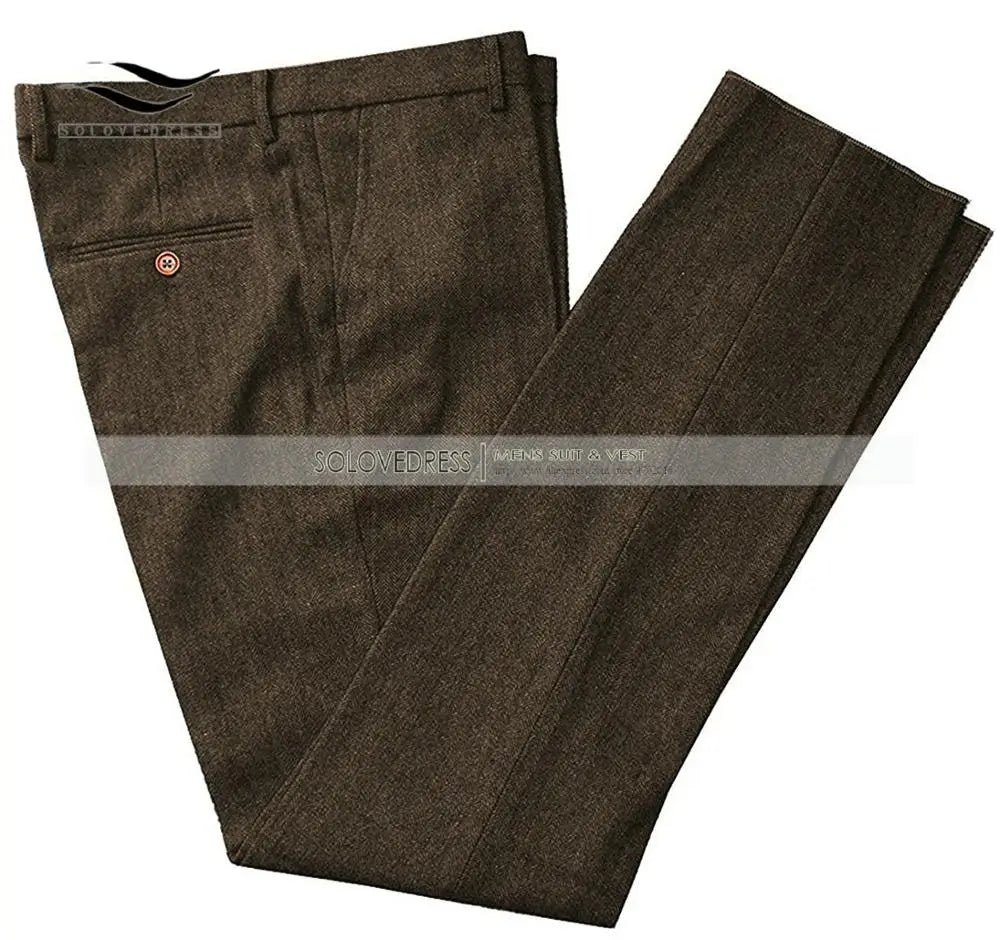 Classic mens pants Tweed Herringbone pants men dress pants Casual suit Trousers for wedding party Tailored Fit Brown Pants